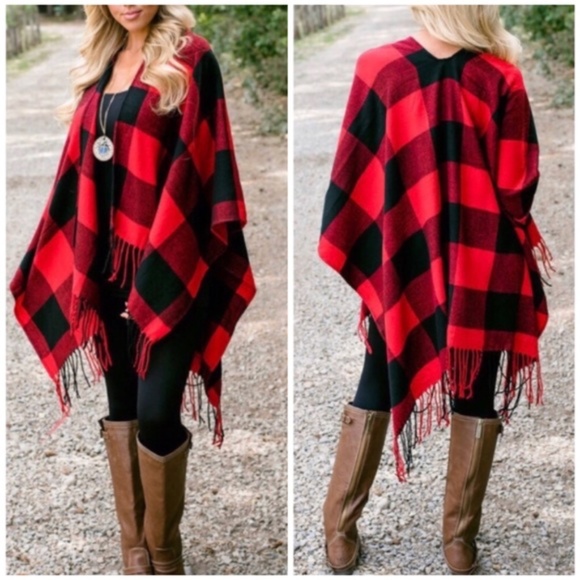 Red & Black Buffalo Check Knit Plaid Poncho Wrap Winter Women's One Size - Picture 1 of 4